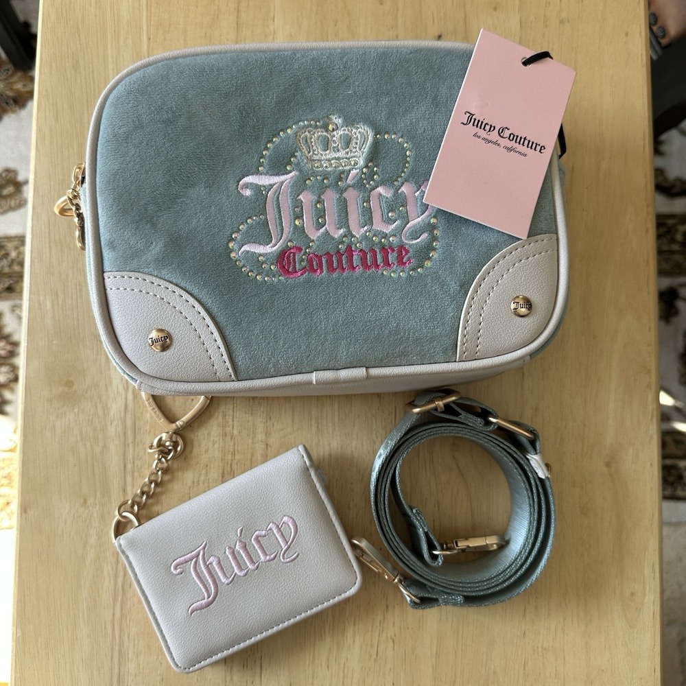 Juicy Couture‎ Heritage Camera Crossbody Bag Sage w Card Holder Wallet Crown NWT